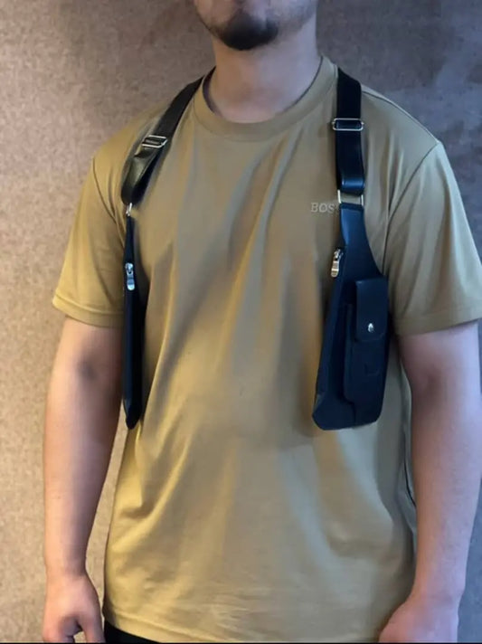 حقيبة صدر جلدية مضادة لسرقة مع حزام كتف مزدوج متعددة الجيوب